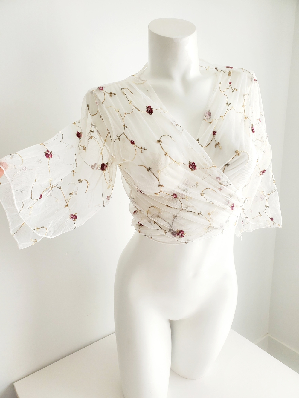 Sheer Mesh Floral Embroidered Wrap Crop Top Shrug - Fits Medium To Small